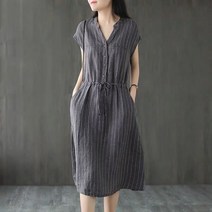 여성 줄무늬 셔츠원피스 v넥 반팔 허리스트링 미디 원피스 면마혼방 SFW0322033