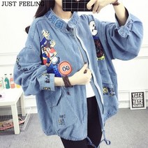 JUST FEEL!NG 여성 집업코트 빅사이즈 하프 데님 코트 집업 캐릭터 청코트 아웃도어 데님자켓 바람막이 점퍼