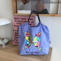 CuteQueen 귀여운여왕 선인장 자수 쇼핑백 환경 친화적인 토트백 일본 스타일 나일론 단견 가방 무지검정에코백