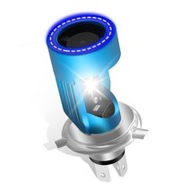 Chemini H4 LED 오토바이 헤드라이트 전구 블루 엔젤 링 하이로우 빔 DC 12V24V 범용 9003HS1 모터 할로겐 램프 화이트 6000K 1개, BA20D/H6, Blue