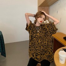 호피 반팔 티셔츠 여 루즈핏 미디 상의 여름 캐주얼 이너 여성복 패션