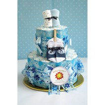 부산꽃바구니꽃다발 출산 백일 돌선물 기저귀케이크2단 하기스기저귀28개+무형광손수건2개+양말, 남아용, 2단계 백일이전용(소형)