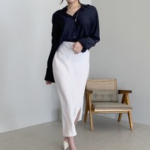 한국어 세련된 프랑스 스타일 안개 파란색 옷깃 싱글 긴팔 셔츠 + 높은 허리 사이드 스커트 스커트 여성을위한