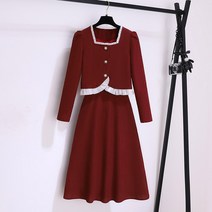 레드 코듀로이 원피스 세트 봄가을 시즌 여성복 긴팔 사각 칼라 상의+스커트 기질 캐주얼 투피스