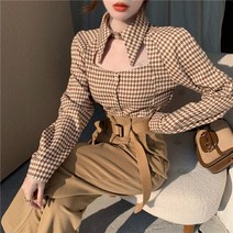 봄블라우스 봄셔츠 셔츠블라우스 JuneLove-격자 무늬 블라우스 긴 소매 턴 다운 칼라 우아한 할로우 아웃