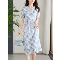 하늘색 꽃무늬 원피스 여성 하이엔드 로맨틱 쉬폰 드레스 여름 슬림 원피스 풀오버 롱스커트
