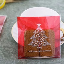 PK글로벌 40매 심플 레드컬러 트리 쿠키봉투 크리스마스 접착식 비닐봉투