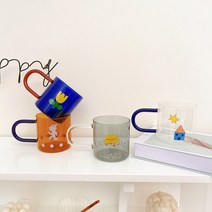 빈티지 컬러 일러스트 홈카페 내열유리 머그컵 커피잔 4타입, 블루 튤립