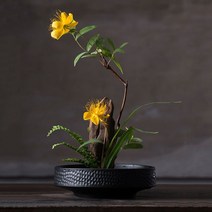 동양 꽃꽂이 도자기 미니 수반 2컬러 이케바나 꽃 세라믹 화기 일본 오하라 침봉 세트, 블랙