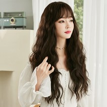 롱 웨이브 양털 풀커버 에어 앞머리 옥수수 펌 가발 풀커버, 초콜릿 68Cm