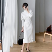 잇츠스타일 허리 밴딩 터틀 하이넥 캐주얼 여성 미디 원피스