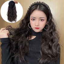 하이유니 골드 스트랩 히피 펌 머리띠 55cm 긴머리 붙임 머리 피스 부분 가발, 다크브라운