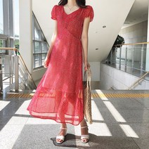 바이퀸즈 플라워 쉬폰 퍼프소매 롱원피스