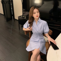 VSYOY 셔츠 드레스 주름 허리 슬리밍 우아한 드레스 여름 새로운
