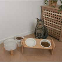 고양이 강아지 밥그릇 물그릇 수반 도자기 높이조절 다이소, 1개, 대형 도자기 식기+ 대나무 2단 받침대