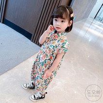 도오빠 아동 점프수트 원피스 카라넥 꽃무늬 플라워 패턴 반팔 9부 바지 상하세트 여름 여아 키즈 어린이