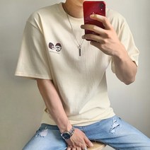 10수 면 캐릭터 나염반팔티셔츠 루즈핏 라운드넥 비침없는 반팔티