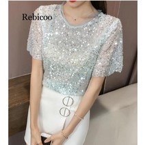스팽글니트 스팽글티 크롭티 반짝이티 새로운 도착 솔리드 o 넥 느슨한 티셔츠 반팔 캐주얼 패션 여름 여성