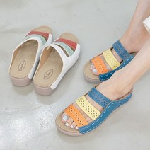 에스큐에스샵 에스닉 스티치 - 발편한 여성 슬리퍼 4cm 높은굽 오픈 뮬 스트랩 펀칭샌들
