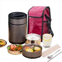 Dimsom 보온도시락 스테인리스 직장인 3단 식기+보온보냉가방, 무광은, 1.8L