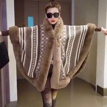 남자롱코트 남자겨울코디 겨울남성 가을 판초 여성 자켓 자카드 스플라이싱 모조 렉스 토끼 모피 칼라 목도리 망토 모직 여성