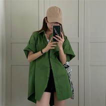 SJW 여성 무지 반팔 셔츠 남방 오버핏 카라 원포켓 상의 봄 여름 자외선차단 빅사이즈 M~4XL