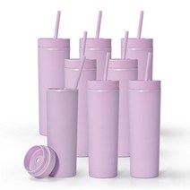 AGH 473.2ml(16온스) 라벤더 스키니 텀블러 뚜껑과 빨대 포함 8팩 매트 파스텔 컬러 아크릴 컵 이중벽 재사용 가능한 플라스틱 텀블러 BPA 프리 여행용 귀여운 머그, Lavender-8p