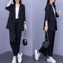 FANSYLI 정장바지 세트 캐주얼 루즈핏 정장자켓 밴딩 허리 와이드 팬츠 투피스 여성 봄 가을 통근 바지 세트 빅사이즈 X8A19