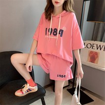 HUAQILIN 여성 여름 캐주얼 세트 여름 트레이닝 투피스 여성 루즈핏 후드 반팔 티셔츠 반바지 세트 M-2XL + 선물 증정