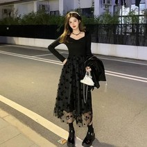 프렌치 휴양지 꽃무늬 롱 하객 플로랄 프릴 블라우스 빈티지 메쉬 패치워크 블랙 드레스 레트로 스퀘어 칼라 긴 소매 A 라인 파티 디너 미디 니트