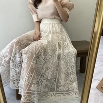 케이에비뉴 엔틱 레이스 플레어 밴딩 롱스커트