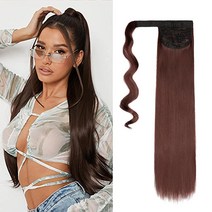 Cybelleza 포니테일 익스텐션 롱 스트레이트 포니테일 익스텐션 랩 어라운드 55.9cm(22인치) 포니 테일 클립 헤어 익스텐션 포니테일 합성 헤어피스 여성용 블랙 믹스, Straight, Reddish brown, Reddish brown