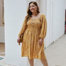 긴 소매 플로랄 프린트 Boho 여름 드레스 플러스 사이즈 여성 스퀘어 칼라 코튼 드레스 숙녀 해변 드레스