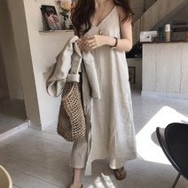 HQINT BM0083 여성 여름 린넨 끈 나시 롱원피스