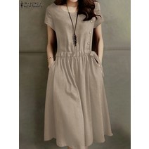 ZANZEA 여성 여름 반팔 캐주얼 루즈한 미디 드레스 코튼 클레이드 솔리드 홀리데이 드레스 롱원피스