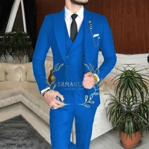 남성용 클래식 웨딩 수트 신랑 블레이저 조끼 바지 슬림 핏 피크 라펠 다크 그린 3 피스, L(EU50 Or US40), blue