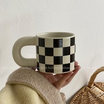 도트 점박이 홈카페 머그잔 커피 라떼 커피잔, 바둑판 팻 핸들 컵