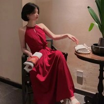 하늘하늘 여름 홀터넥 롱 원피스 복고풍 스타일 스커트 신혼여행 데이트 휴양지룩