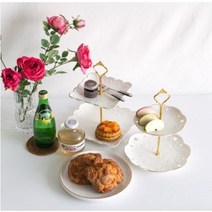 화이트 플라워 도기 2단 디저트 트레이 파티접시 홈카페 브런치 플레이팅접시