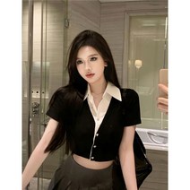 베이비블루 반팔 레이어드 크롭 셔츠 가디건