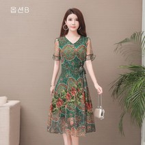 [Myshe]여성 중년 꽃무늬 나팔소매 쉬폰원피스J817