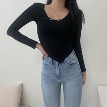 VANANA2 여성 체인 포인트 골지 언발 트임 긴팔티셔츠