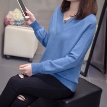 빨강몽키 여성용 브이넥 가을 겨울 니트 빅사이즈 긴팔 루즈핏 여성 니트티