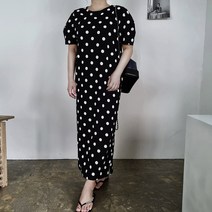 도트 반달 벌룬 퍼프 반팔 맥시 트임 롱 원피스 데일리 홈웨어 휴가원피스
