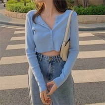 셀러허브(잡화) 여자 얇은니트 키작녀 크롭 소라색 가디건