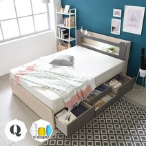 [2만원 즉시할인!] 장인가구 스텔라 LED 수납헤드 4서랍 침대 퀸+포켓매트, 오크워시