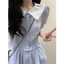 스커트 투피스 세트 오드리 헵번 스타일 달콤한 인형 칼라 스트라이프 작은 셔츠 여성