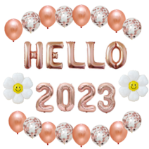 헬로 2023 스마일데이지 연말 새해 파티 풍선 세트, 로즈골드