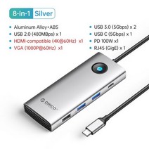 도킹 스테이션 c형 허브 4K60Hz HDMI 호환 USB 3.0 어댑터 RJ45 PD100W 맥북 프로 노트북 액세서리 충전, 15 Silver 8in1 60Hz VGA