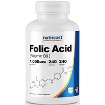 뉴트리코스트 엽산(비타민 B9) 1 000mcg 캡슐 240캡슐 1서빙 1 000mcg 240회분 Folic Acid (Vitamin B9) Capsules, 1병